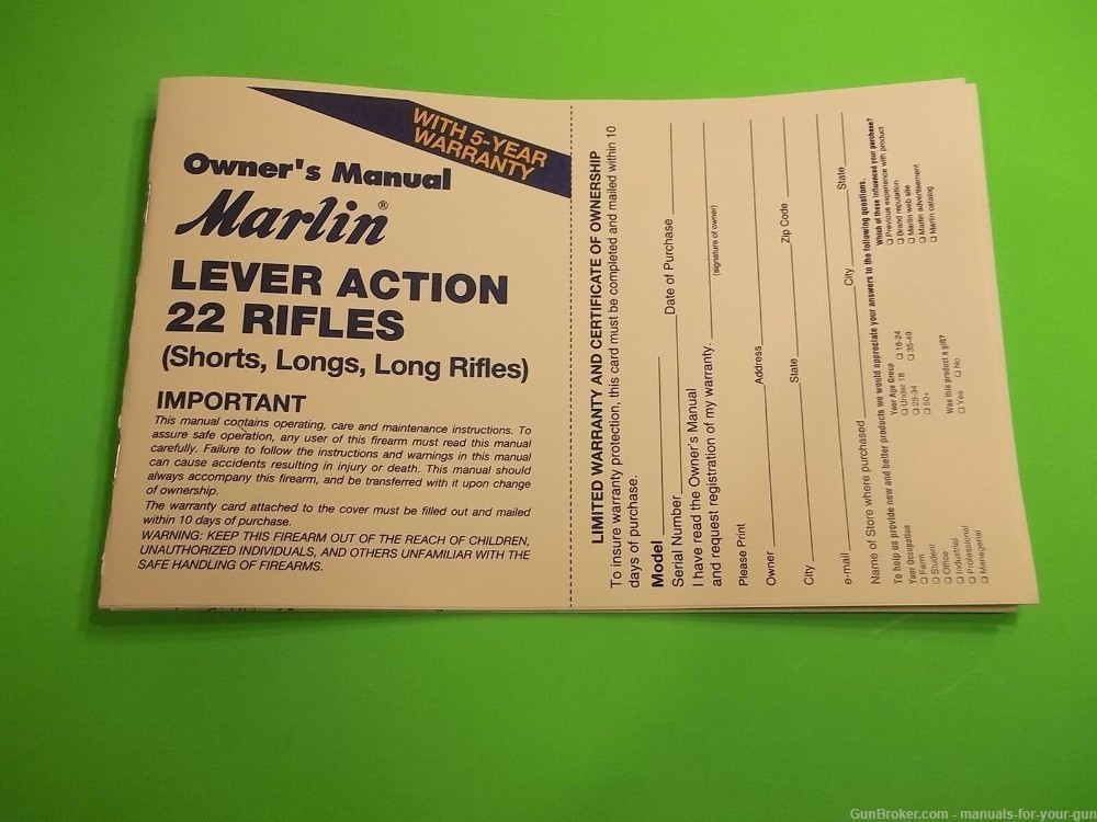MARLIN LEVER ACTION 22 Caliber RIFLE OWNER'S MANUAL (356)-img-0