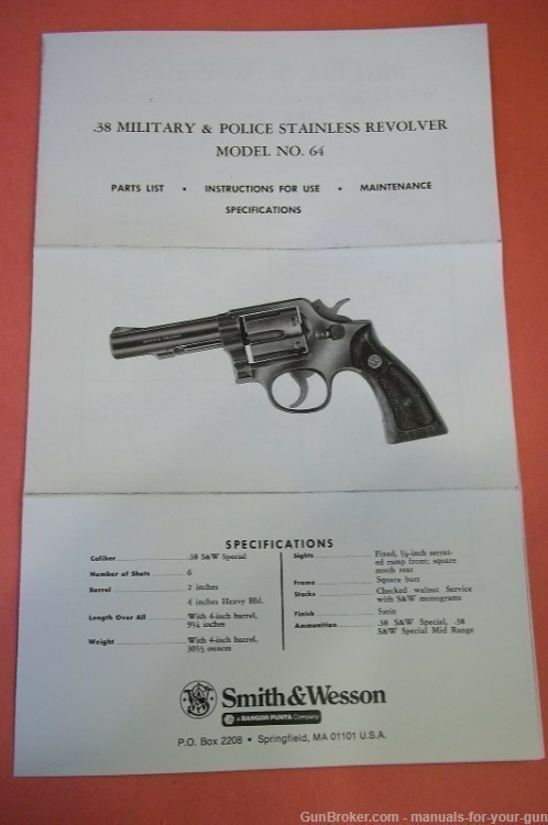 SMITH & WESSON .38 MILITARY & POLICE STAINLESS MODEL NO. 64 MANUAL (324)-img-1