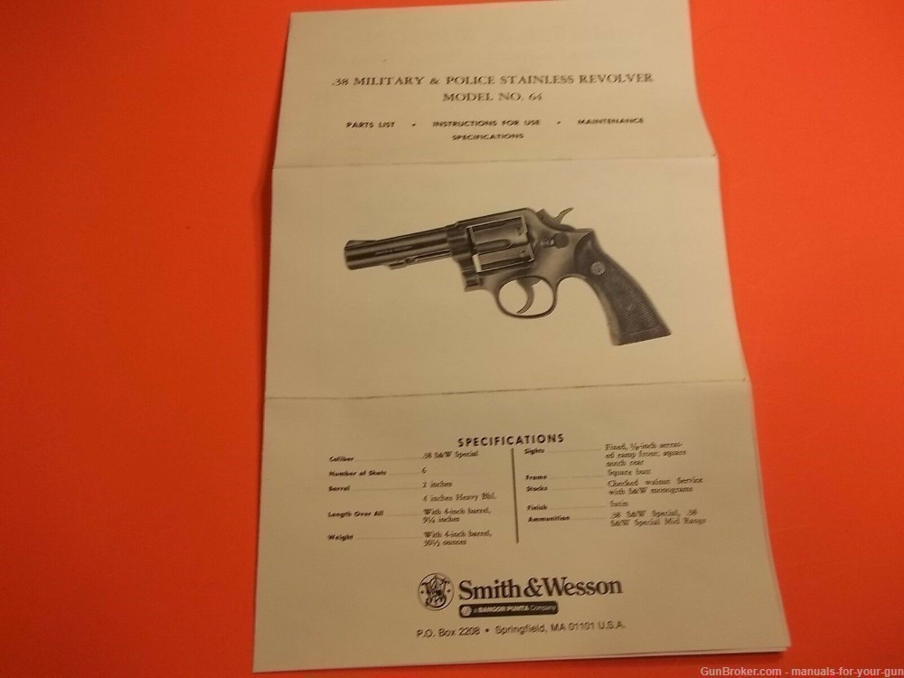 SMITH & WESSON .38 MILITARY & POLICE STAINLESS MODEL NO. 64 MANUAL (324)-img-2
