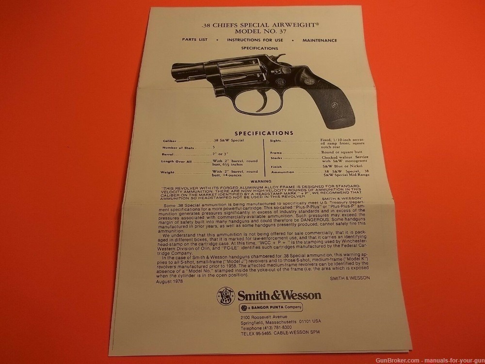 SMITH AND WESSON .38 CHIEFS SPEC. AIRWEIGHT MODEL NO 37 REVOLVER MANUA(323)-img-1