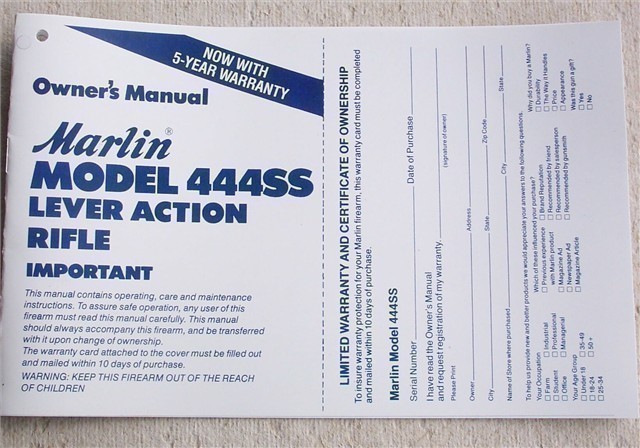 MARLIN MODEL 444SS LEVER RIFLE OWNERS MANUAL (292)-img-0