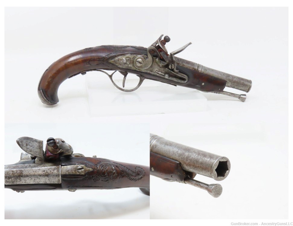 1700s DAINTY EUROPEAN Antique FLINTLOCK Pistol CARVED Stock .32 Caliber-img-0