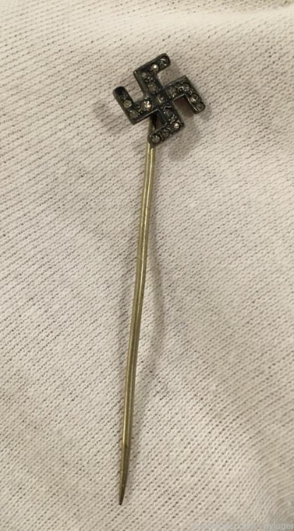 WWII German Swaztika Stick Pin with Rhinestones-img-0