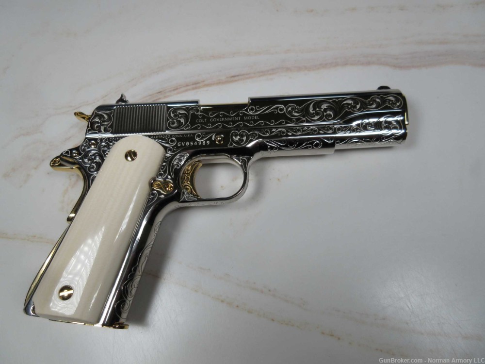 Colt 1911 Govt 5" .38 Super Custom engraved nickel/gold plated NEW-img-2