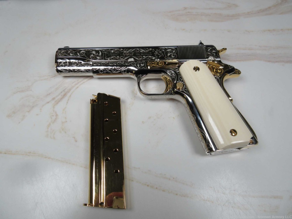 Colt 1911 Govt 5" .38 Super Custom engraved nickel/gold plated NEW-img-15