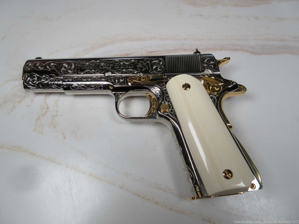 Colt 1911 Govt 5" .38 Super Custom engraved nickel/gold plated NEW-img-1