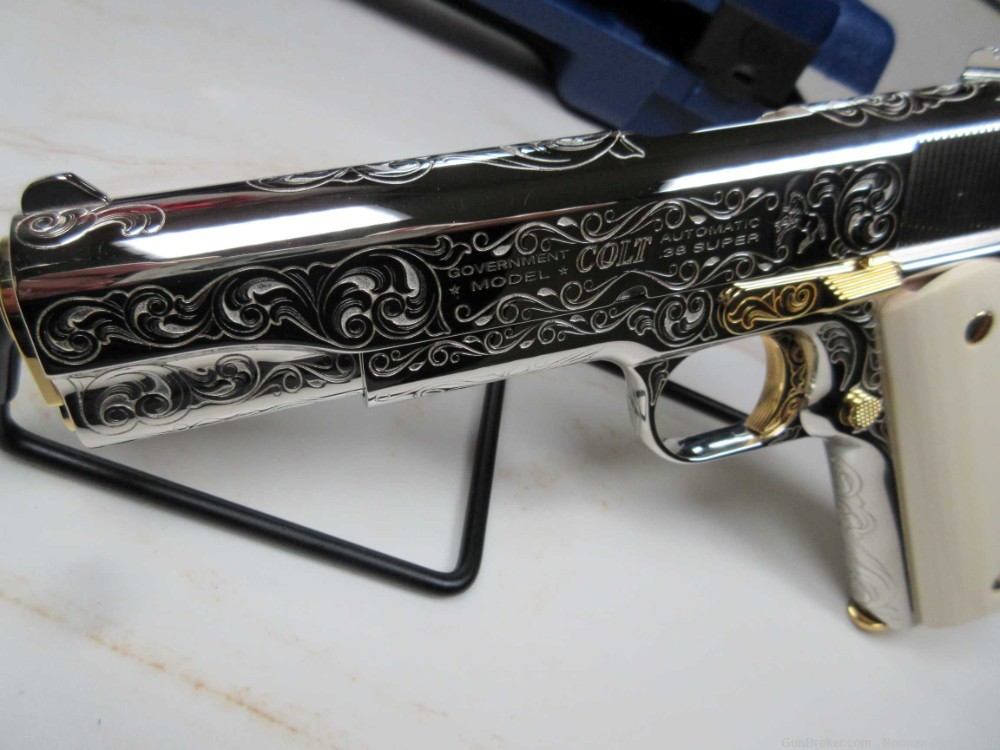 Colt 1911 Govt 5" .38 Super Custom engraved nickel/gold plated NEW-img-4