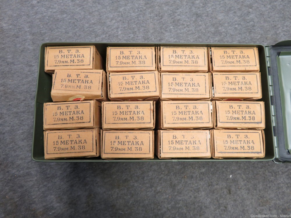 CAN OF 32 BOXES WWII YUGOSLAVIAN 8MM MAUSER AMMO ON CLIPS-480 ROUNDS-1940-img-1