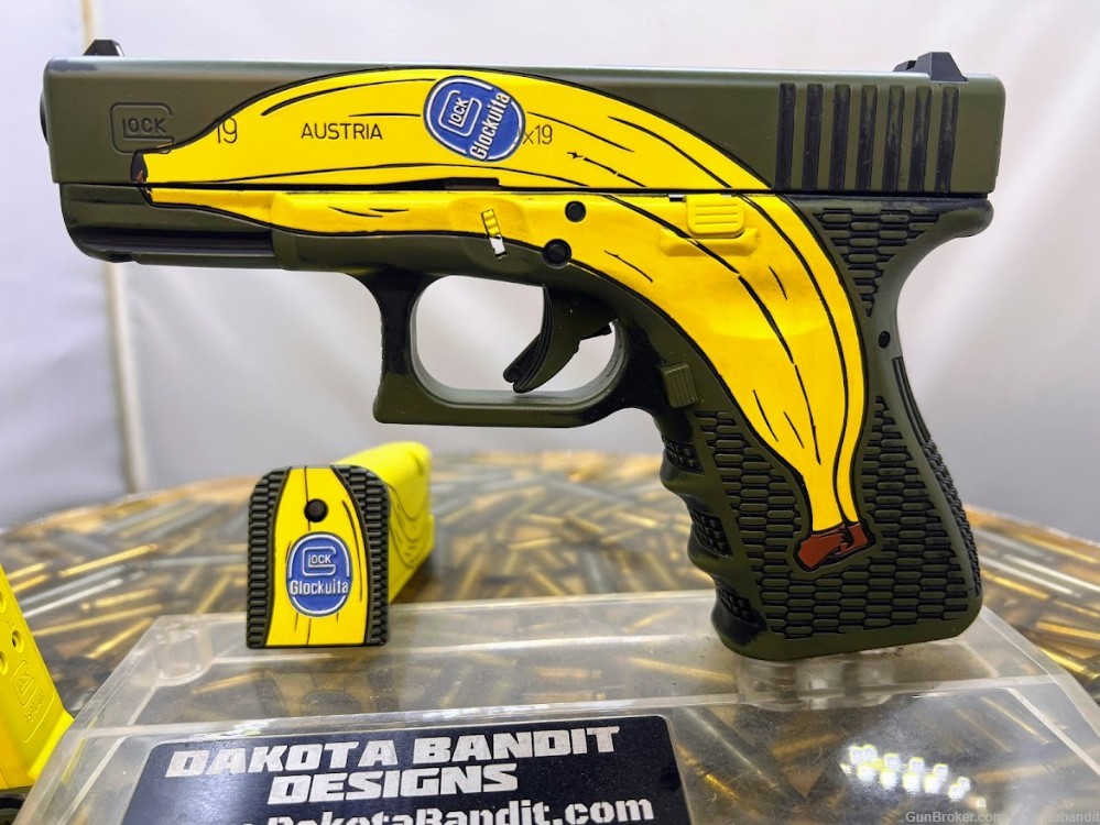 Glock 19 Banana, Cerakote and Engraved, With Custom Case by Dakota Bandit-img-0