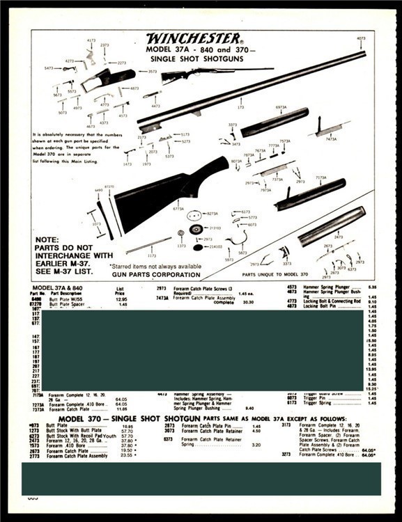 WINCHESTER 37A 370 840 Single Shot Shotgun Parts List AD-img-0
