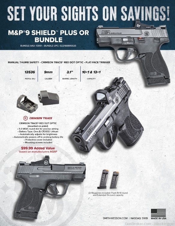 S&W 13951 M&P Shield Plus Bundle 9mm 10+1/13+1 3.1" Black CT 1500 Red Dot  -img-3