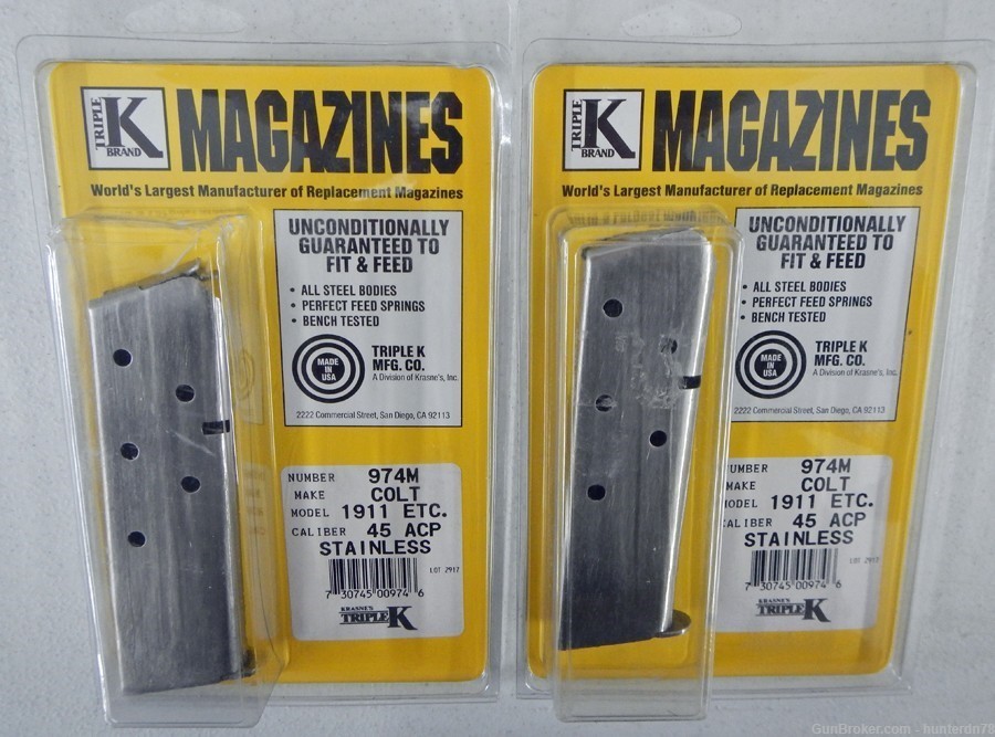 Two NEW Triple K Colt 1911 Magazines. 45 ACP. Stainless Steel.-img-3
