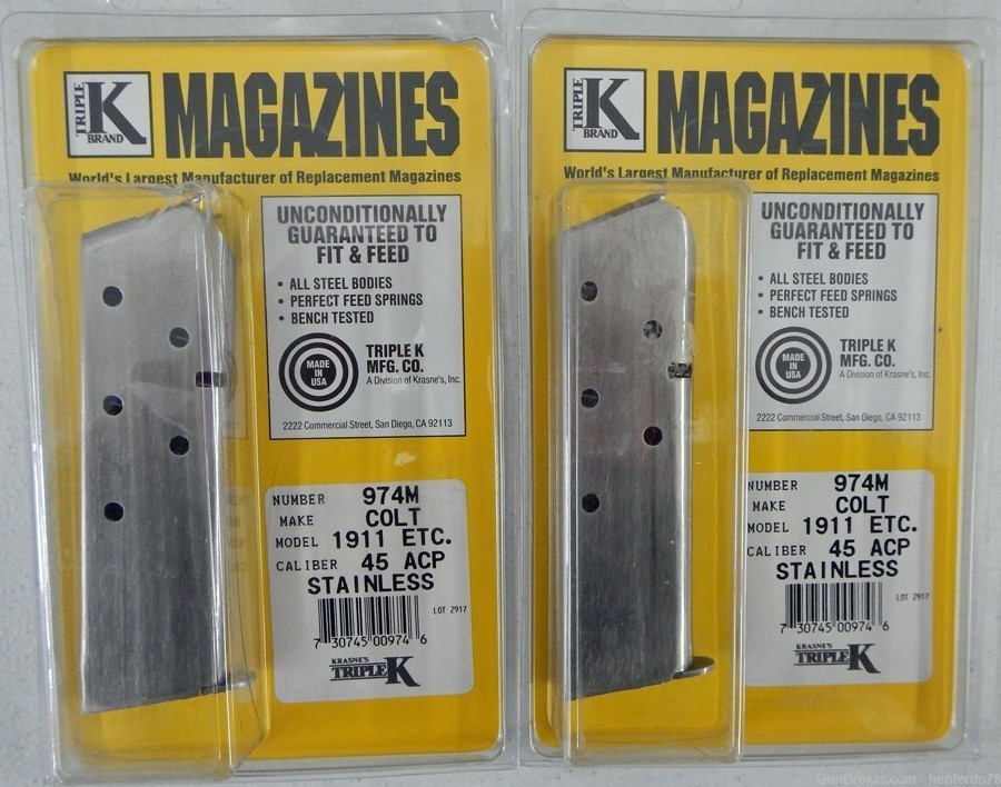 Two NEW Triple K Colt 1911 Magazines. 45 ACP. Stainless Steel.-img-0