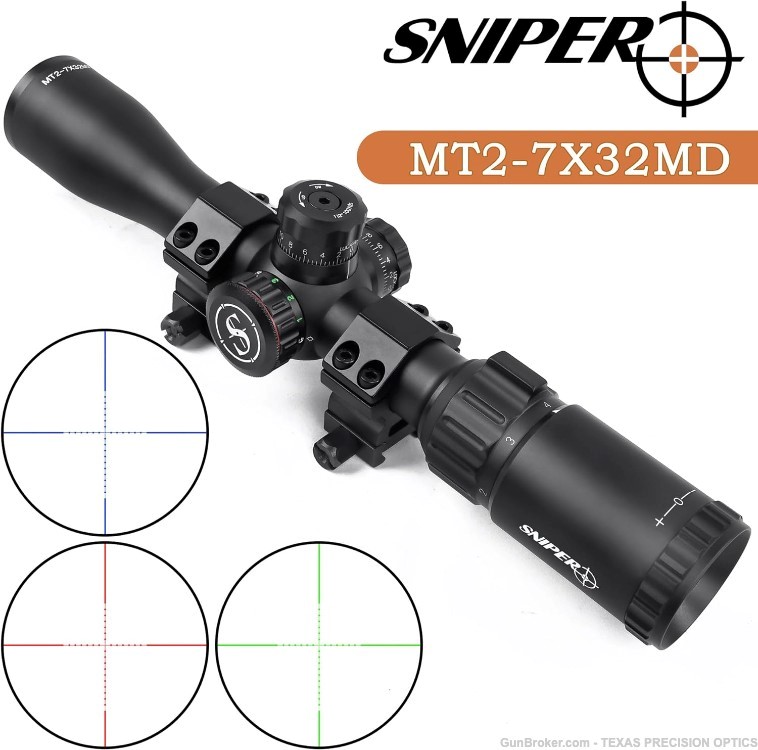 MT2-7X32MD Mil-dot Riflescope R/G/B Illuminated Rifle Scope W/Ring -img-0