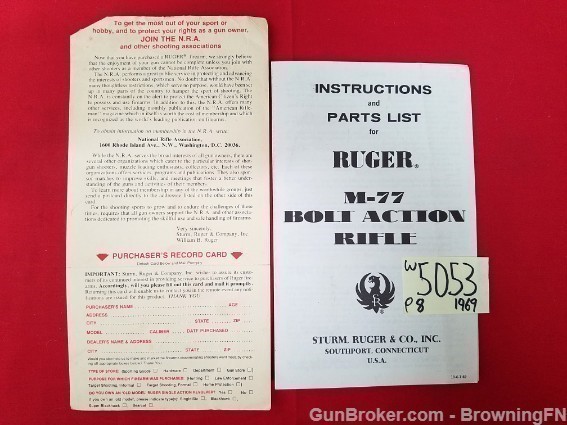 Orig Ruger M-77 Bolt Action Owners Instruction Manual 1969-img-0