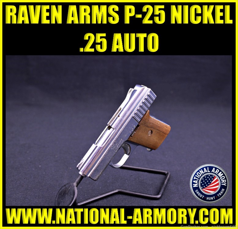 RAVEN ARMS P-25 25 AUTO 2.5" BBL NICKEL FINISH WOOD GRIPS 6+1 POCKET PISTOL-img-0