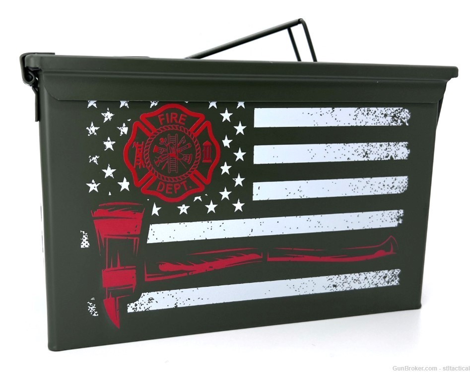 Firefighter Flag with Ax 50cal Ammo Can - ODG - UV Printed (Permanent)-img-0