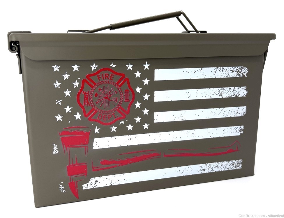Firefighter Flag with Ax 50cal Ammo Can - FDE - UV Printed (Permanent)-img-0