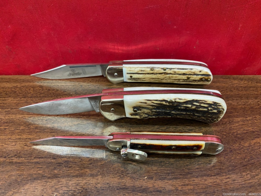 3 Auto Knives Hubertus Solingen Rostfrei W-Germany Stag Leverlock Scale-img-0