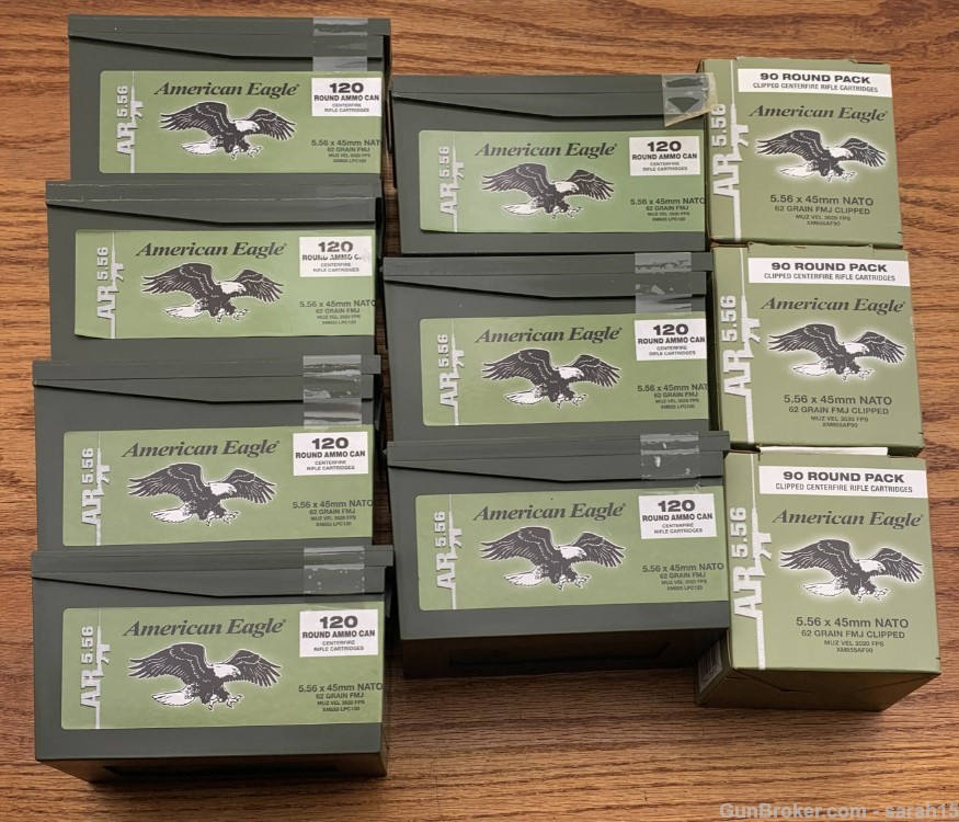 10 BOXES 1,110 RDS AMERICAN EAGLE 5.56 NATO 62 GRAIN GREEN TIP AMMUNITION -img-0