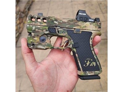 Glock 43x MOS A-TACS camo modified by Firing Squad Firearms