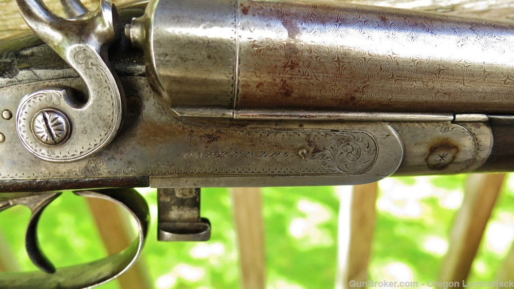 Parker Bros. 12 Ga. Underlever double barrel shotgun Antique 1874 Damascus -img-7