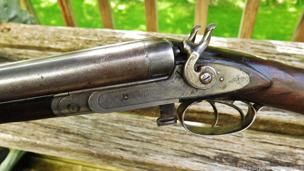 Parker Bros. 12 Ga. Underlever double barrel shotgun Antique 1874 Damascus -img-20