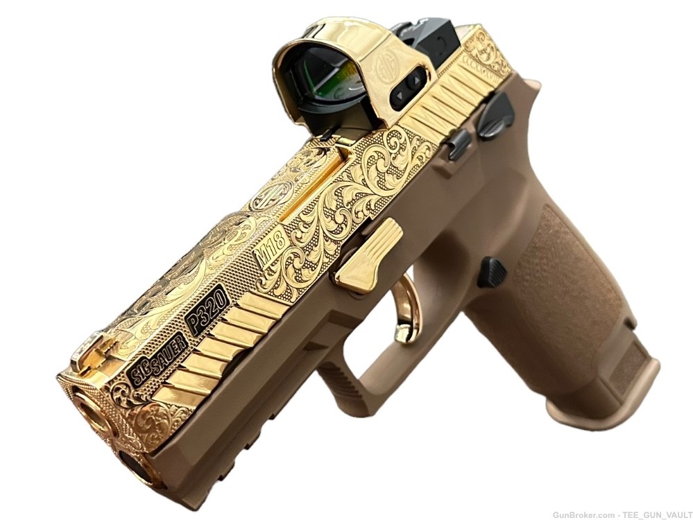 SIG SAUER P320 M18 WITH OPTIC 9mm FULLY ENGRAVED SLIDE POLISHED 24K GOLD-img-3