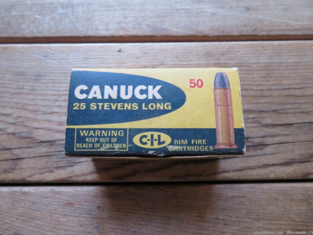 Canuck 25 Stevens LONG RF rimfire full box 50 rounds RARE -img-0