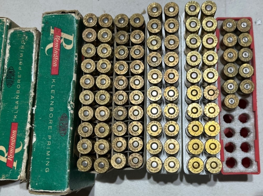 91 pieces of 350 Remington Rem Mag factory and hand loaded ammo and brass -img-1