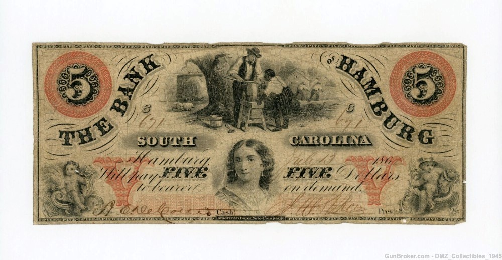 Civil War Era 1860 $5 South Carolina Bank Note Money Currency-img-0