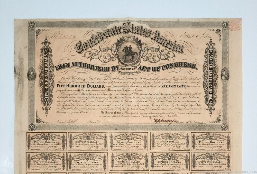 Civil War 1864 CSA Confederate States of America $500 War Bond + 59 Coupons-img-1