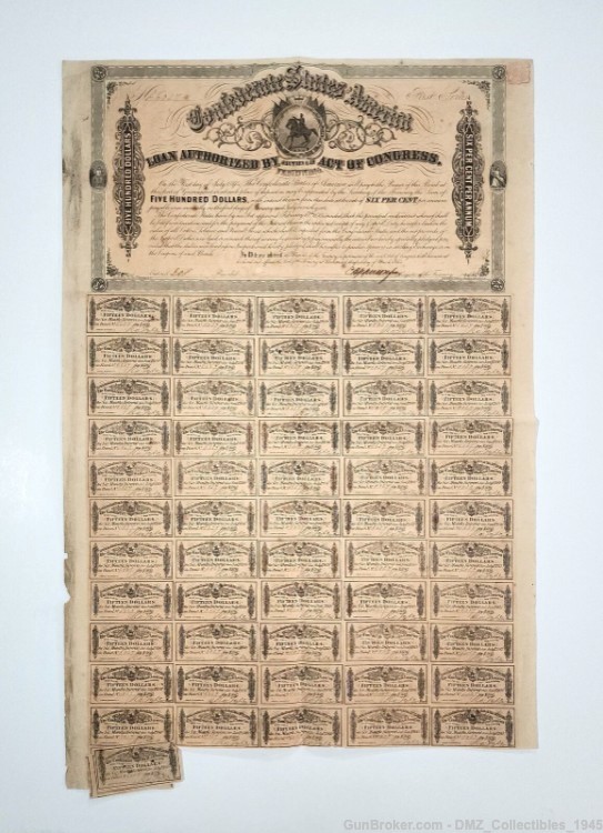 Civil War 1864 CSA Confederate States of America $500 War Bond + 59 Coupons-img-0