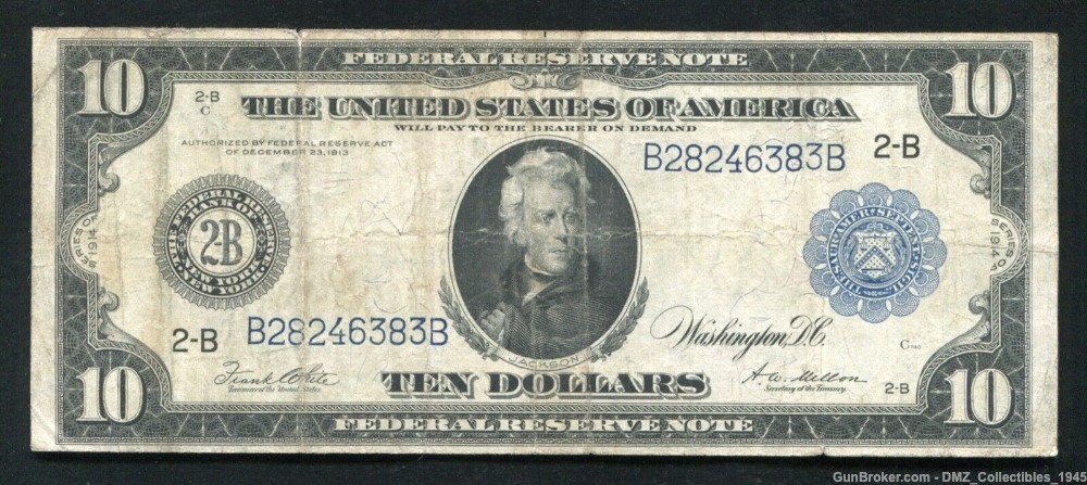 1914 US $10 Federal Reserve Note Money Currency w/ Andrew Jackson-img-0
