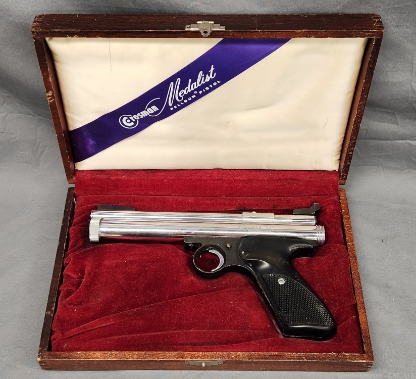Crosman Medalist pellet pistol Model 150 with wooden display case box-img-0