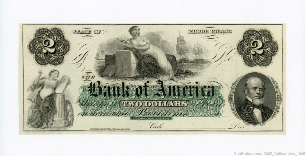 1850s-80s $2 Rhode Island Bank Note Money Currency-img-0