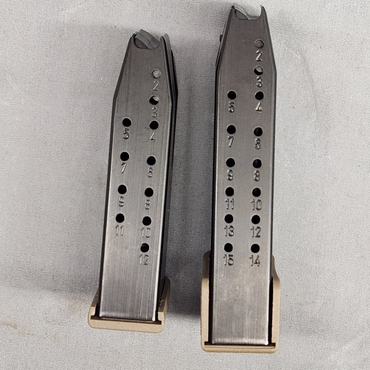 Two Canik 9mm magazines (12rd and 15rd) with tan baseplates-img-1