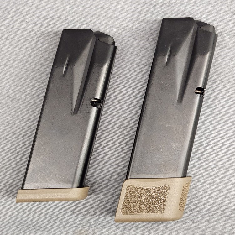 Two Canik 9mm magazines (12rd and 15rd) with tan baseplates-img-2