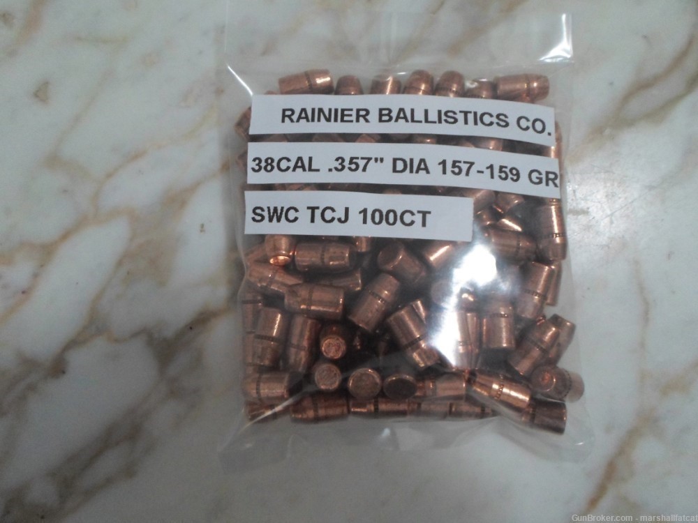 Rainier Ballistics Co. 38 Cal .357" Dia 157-159 Gr SWC TCJ 100ct-img-0