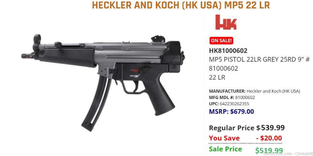 HK 81000602 MP5 PISTOL 22 LR GREY 25+1 9" Barrel-img-0