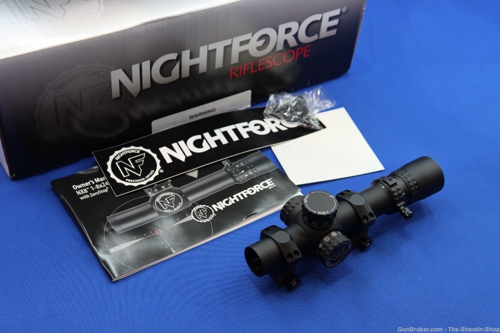 NIGHTFORCE NX8 1-8X24 F1 Riflescope .5 MOA Illuminated Zero Stop Rings LNIB-img-0