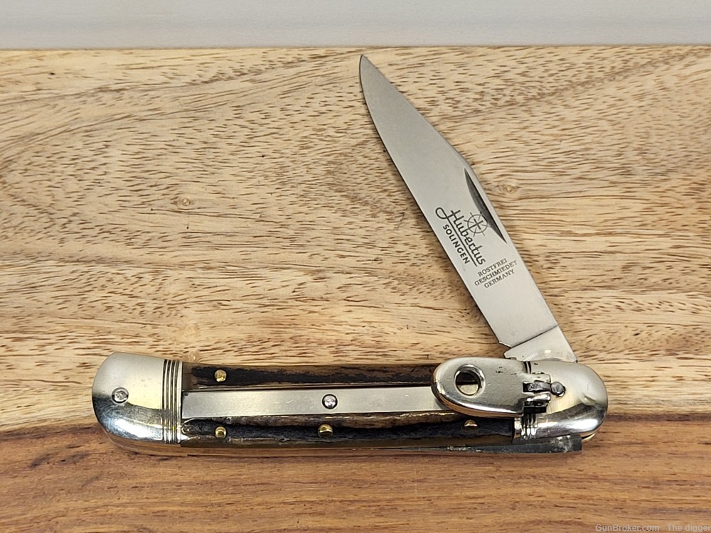 Vintage Hubertus Medm. Side Lever/Lock Automatic Knife W/Stag Handles- Mint-img-0