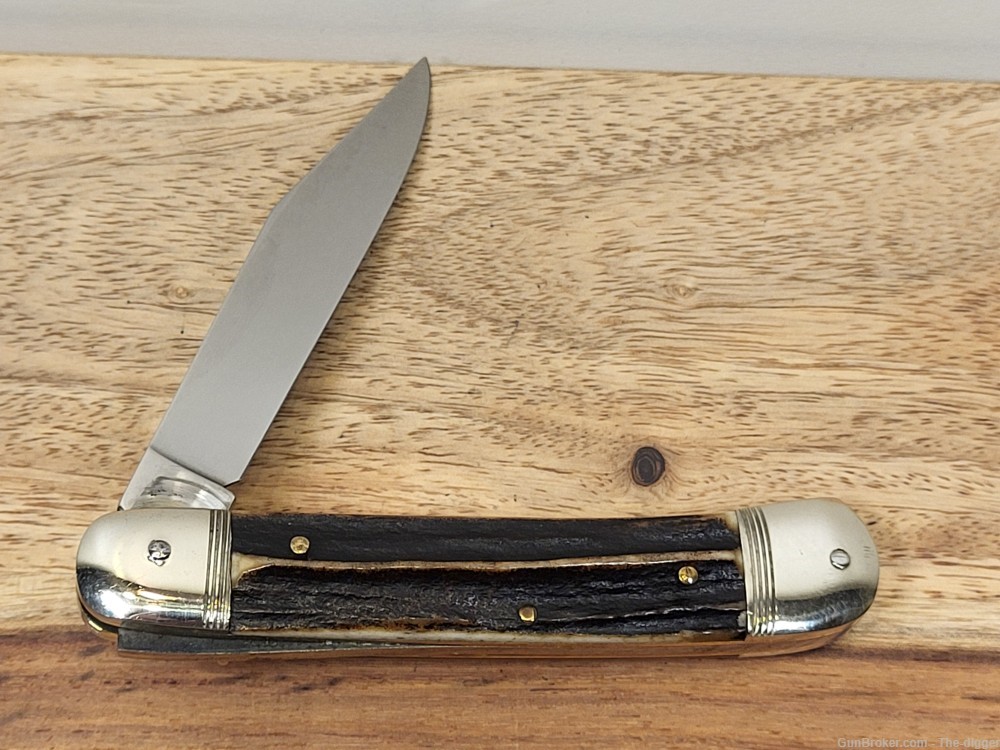 Vintage Hubertus Medm. Side Lever/Lock Automatic Knife W/Stag Handles- Mint-img-1