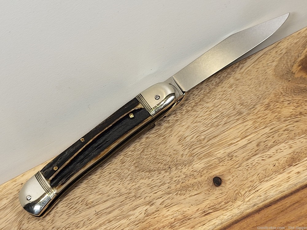 Vintage Hubertus Medm. Side Lever/Lock Automatic Knife W/Stag Handles- Mint-img-6