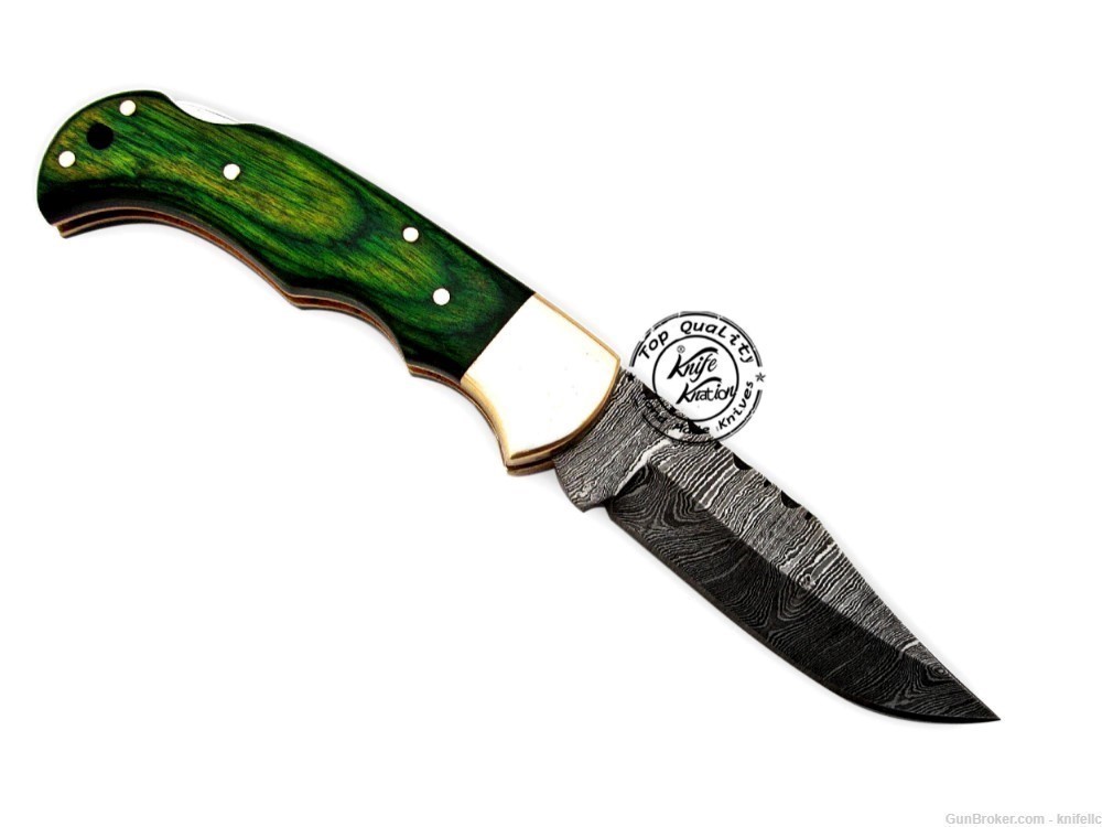 Green Wood 6.5'' 100% Handmade Damascus Steel Folding Pocket Knife 100% -img-1