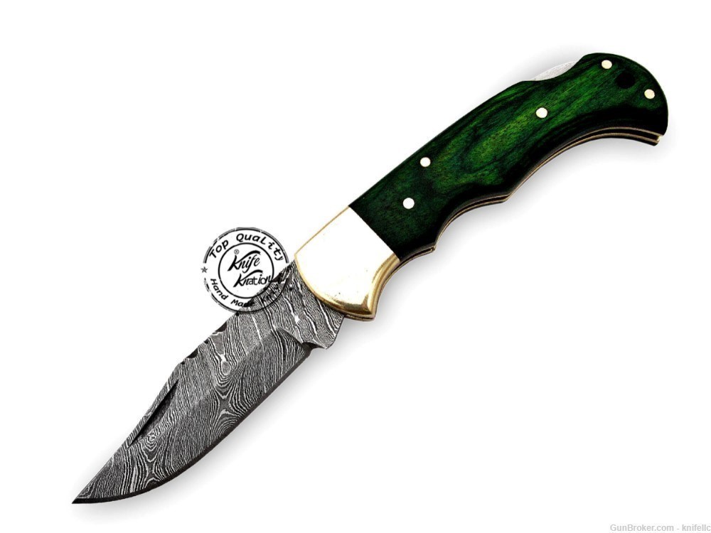Green Wood 6.5'' 100% Handmade Damascus Steel Folding Pocket Knife 100% -img-2