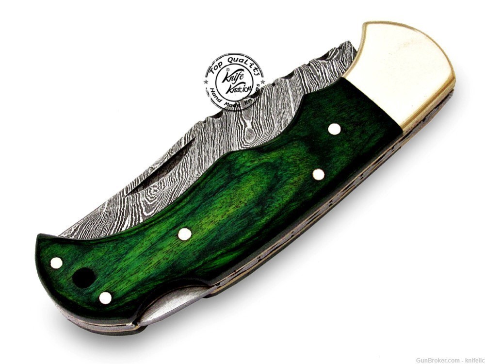 Green Wood 6.5'' 100% Handmade Damascus Steel Folding Pocket Knife 100% -img-7