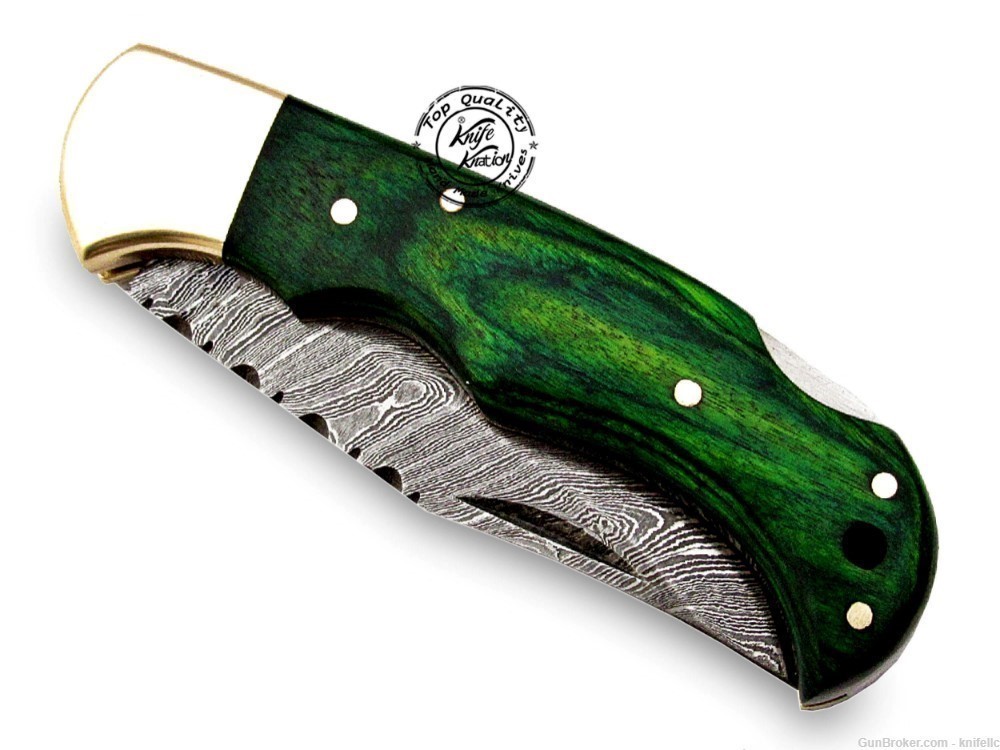 Green Wood 6.5'' 100% Handmade Damascus Steel Folding Pocket Knife 100% -img-6