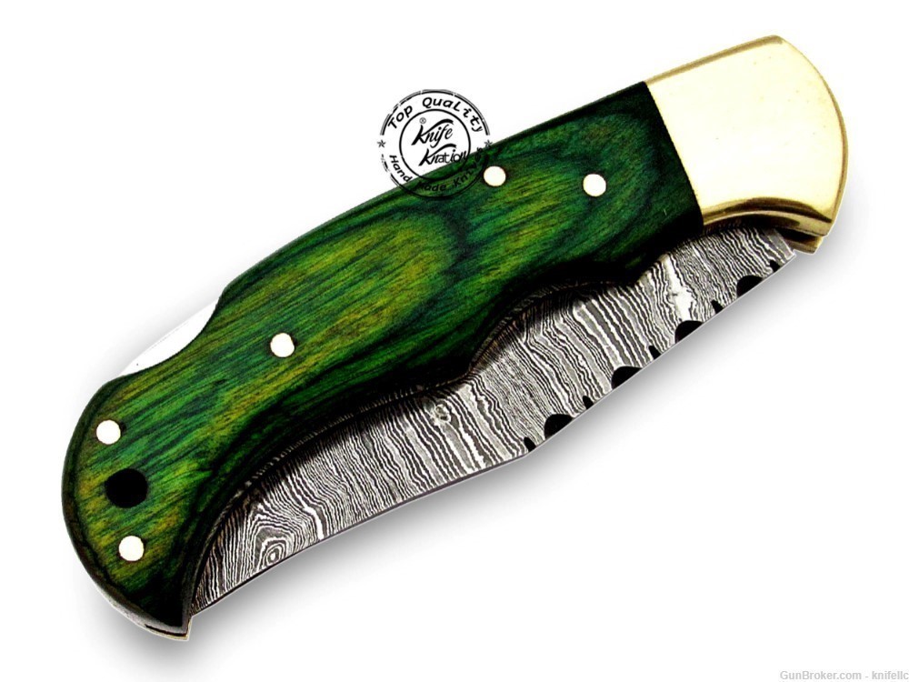 Green Wood 6.5'' 100% Handmade Damascus Steel Folding Pocket Knife 100% -img-5