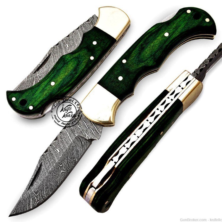 Green Wood 6.5'' 100% Handmade Damascus Steel Folding Pocket Knife 100% -img-0